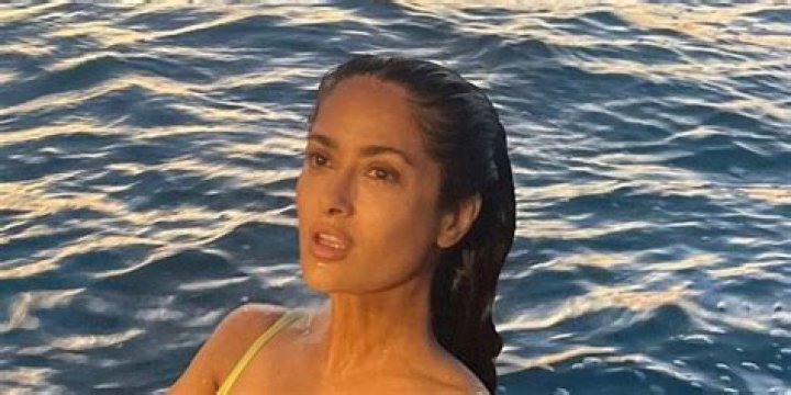 Salma Hayek Shakes Her Drenched Hair After Getting Soaking Wet In Low-Cut Swimsuit — Watch