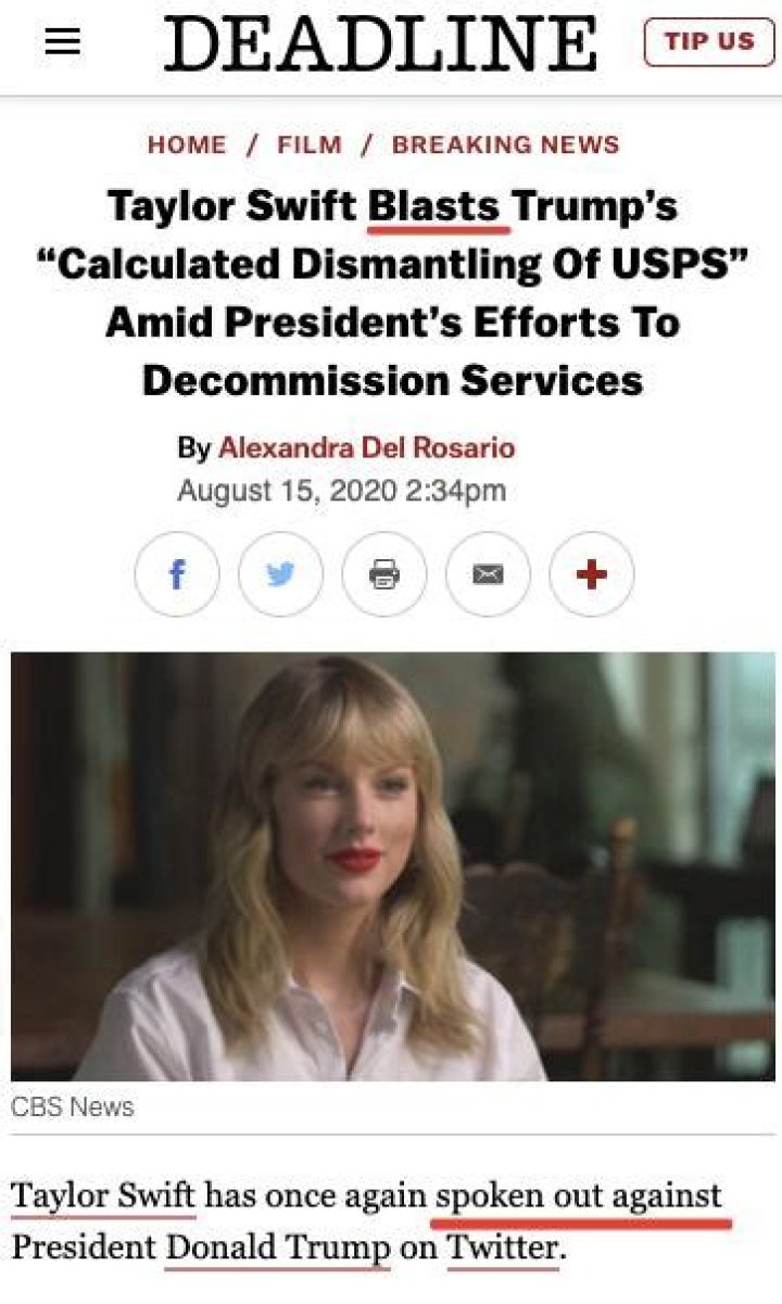 Taylor Swift Blasts Trump’s ‘Calculated Dismantling’ Of The USPS: He’s ‘Trying To Destroy Our Right To Vote’